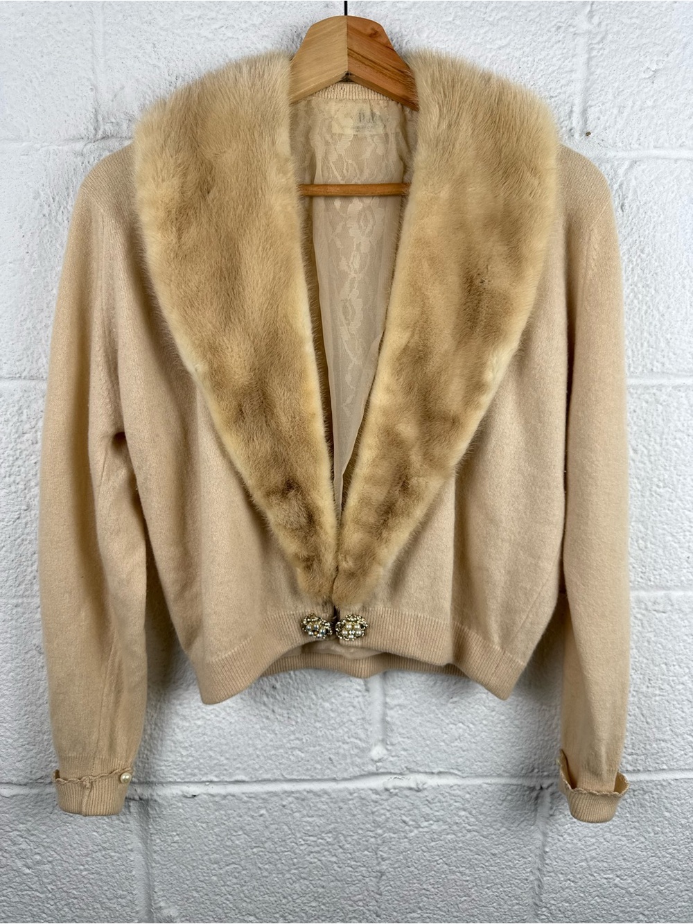 Vintage 1950s Dalton 100% Cashmere Mink Fur Collar Jeweled Cardigan